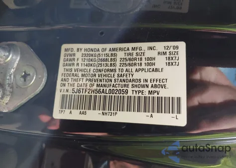 2010 Honda Accord Crosstour Ex-L from USA, damaged, VIN 5J6TF2H56AL002059